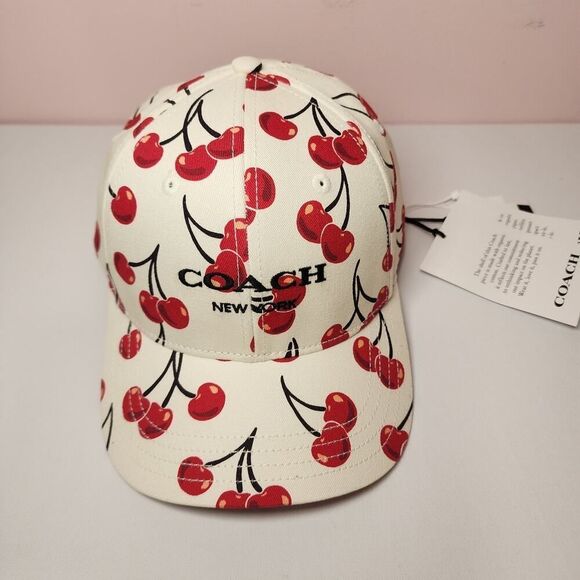 NWT COACH CZ554 Cherry Swirl Print Baseball Hat Chalk Red Size XS/S - Picture 1 of 7